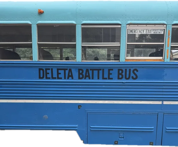 The blue Deleta Battle Bus